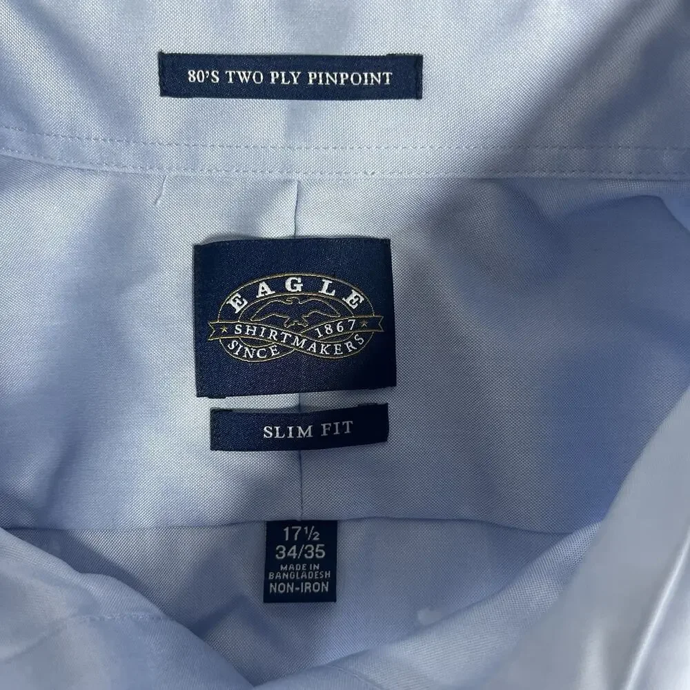 Eagle Non-Iron Cotton Dress Shirt Blue Solid Button-Down 17.5‎ 34/35 Slim